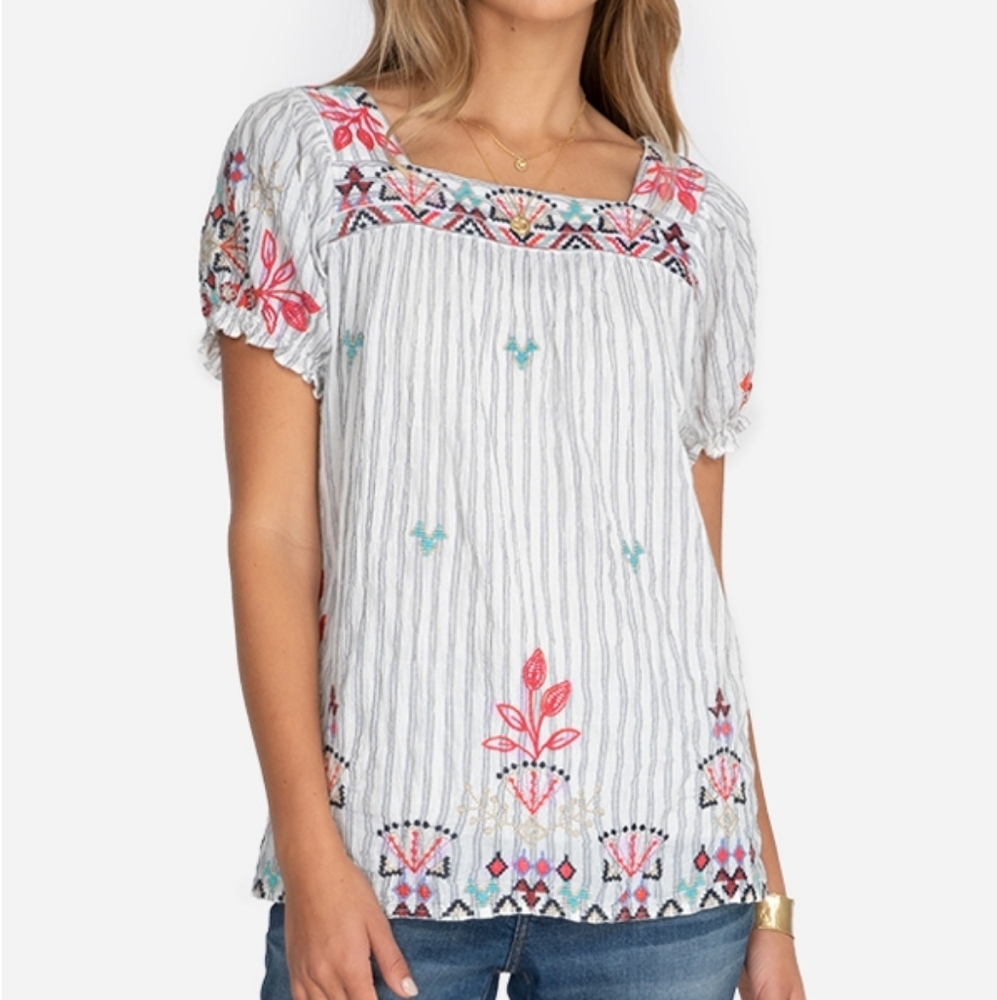 Johnny Was Workshop Top Striped Embroidered Mareen Puff Sleeve Boho Top Small